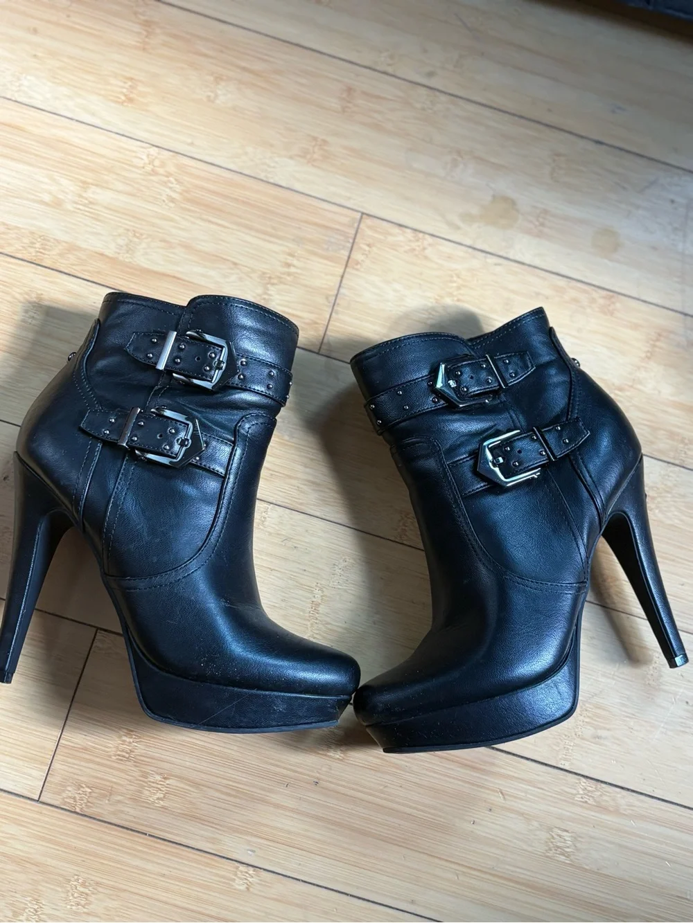 GUESS Black Platform Stiletto Ankle Boots with Buckle Straps